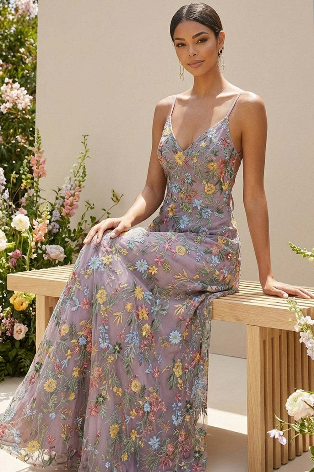 Floral Mauve Spaghetti Straps A Line Backless Maxi Prom Dress