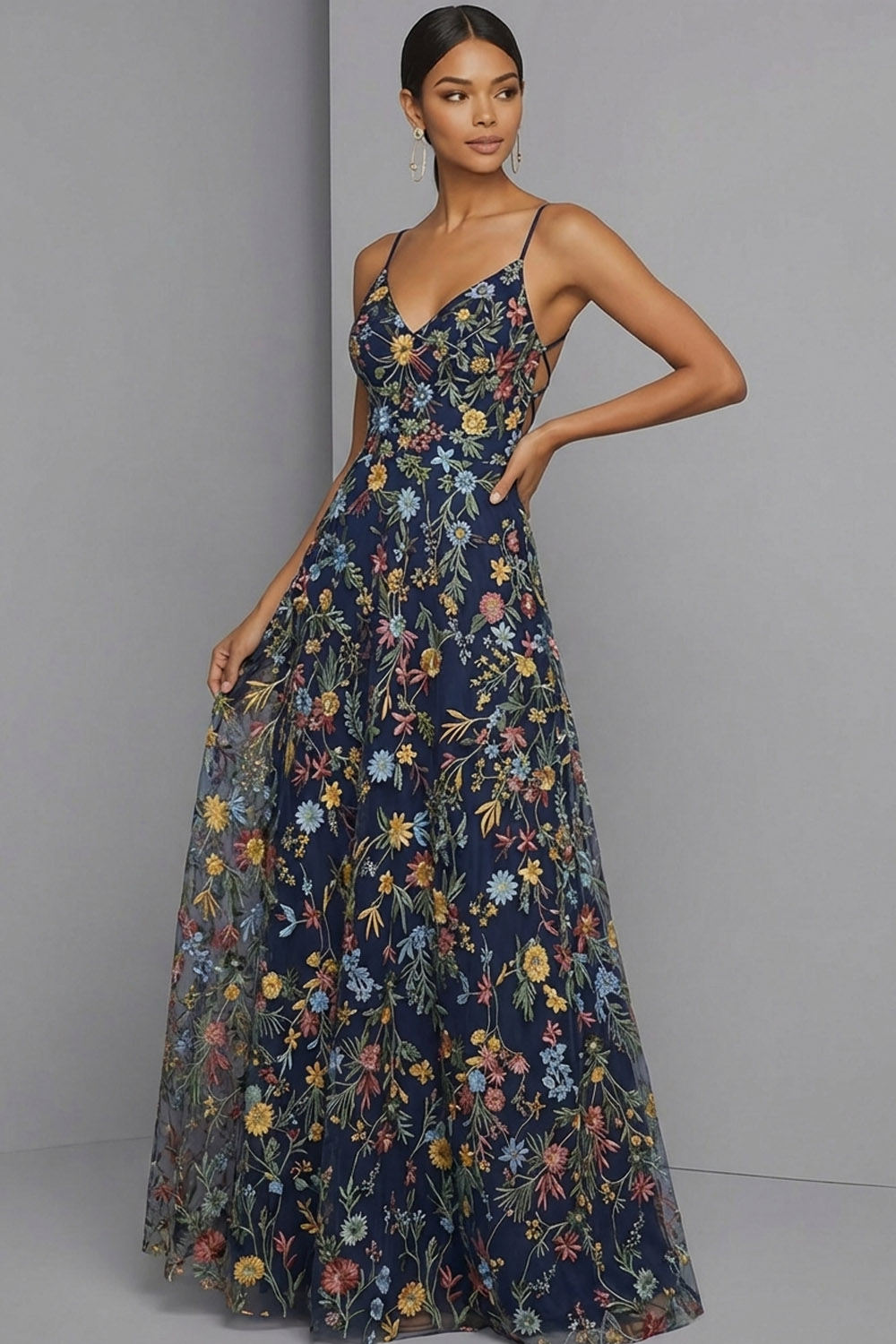 Floral Mauve Spaghetti Straps A Line Backless Maxi Prom Dress