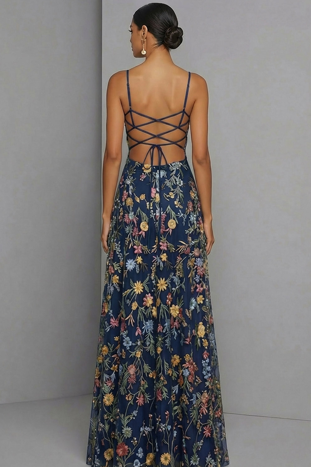 Floral Mauve Spaghetti Straps A Line Backless Maxi Prom Dress