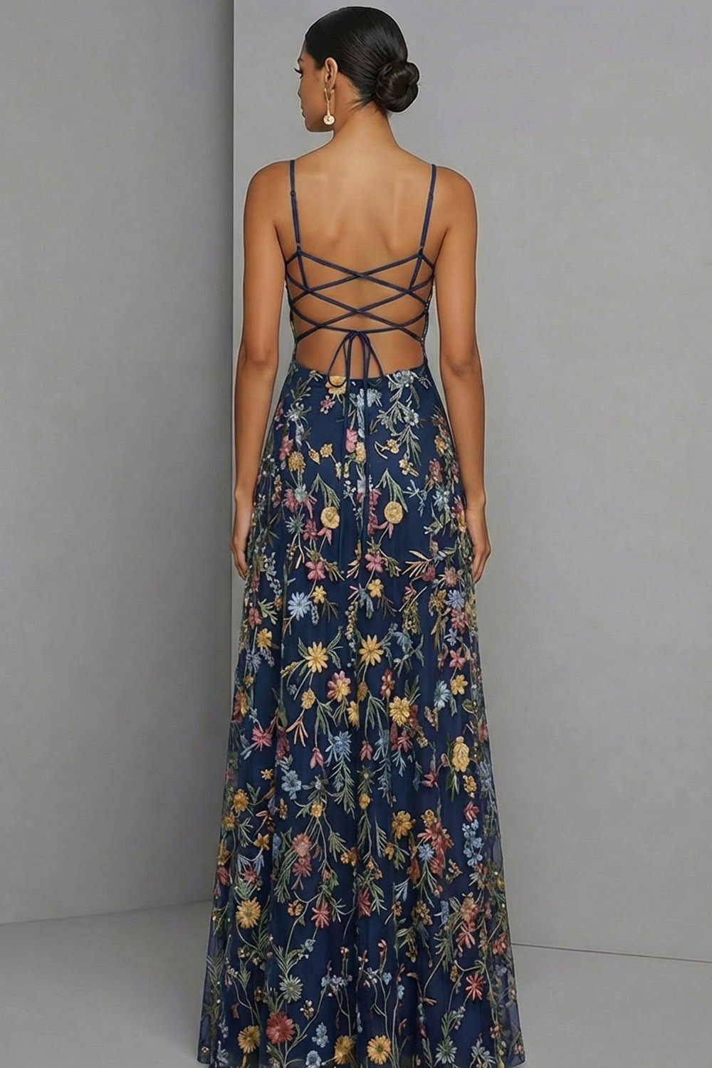 Floral Mauve Spaghetti Straps A Line Backless Maxi Prom Dress