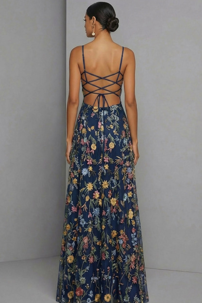 Floral Mauve Spaghetti Straps A Line Backless Maxi Prom Dress