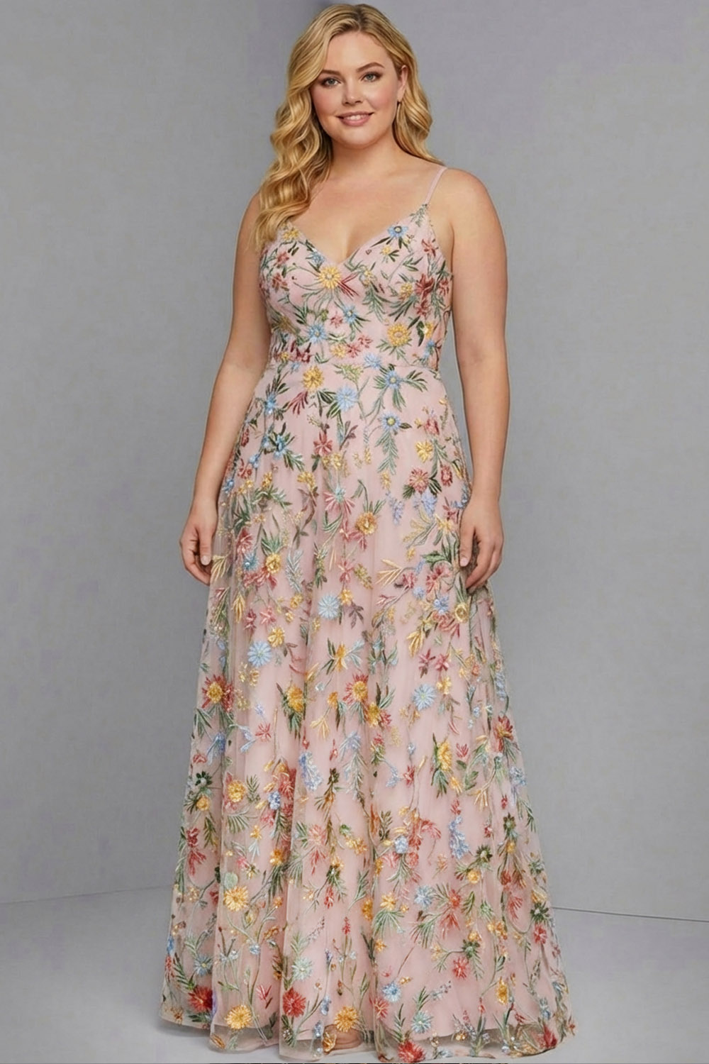Plus Size Floral Mauve Spaghetti Straps A Line Maxi Wedding Guest Dress