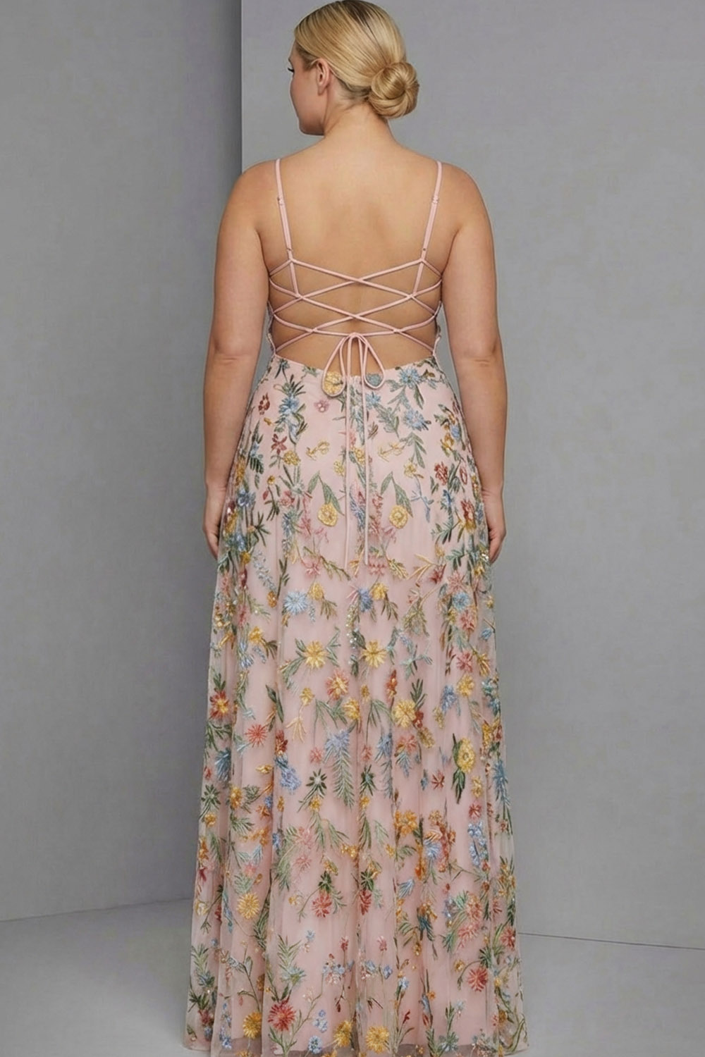 Plus Size Floral Mauve Spaghetti Straps A Line Maxi Wedding Guest Dress