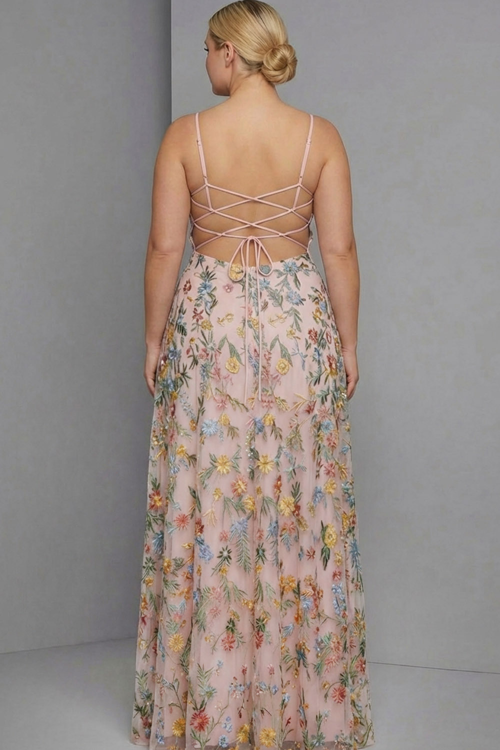 Plus Size Floral Mauve Spaghetti Straps A Line Maxi Wedding Guest Dress