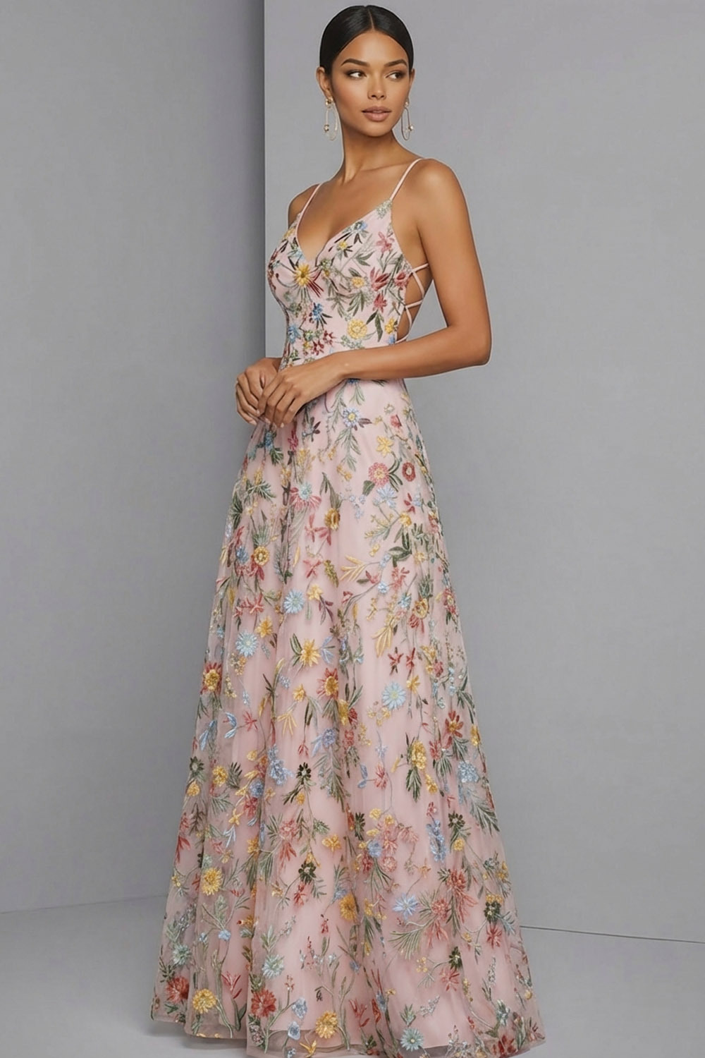 Floral Mauve Spaghetti Straps A Line Backless Maxi Prom Dress