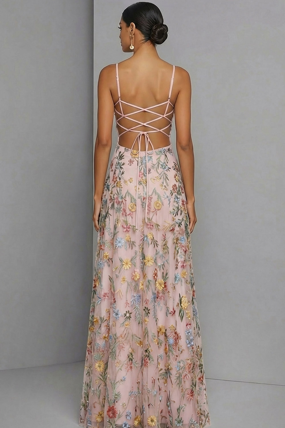 Floral Mauve Spaghetti Straps A Line Backless Maxi Prom Dress