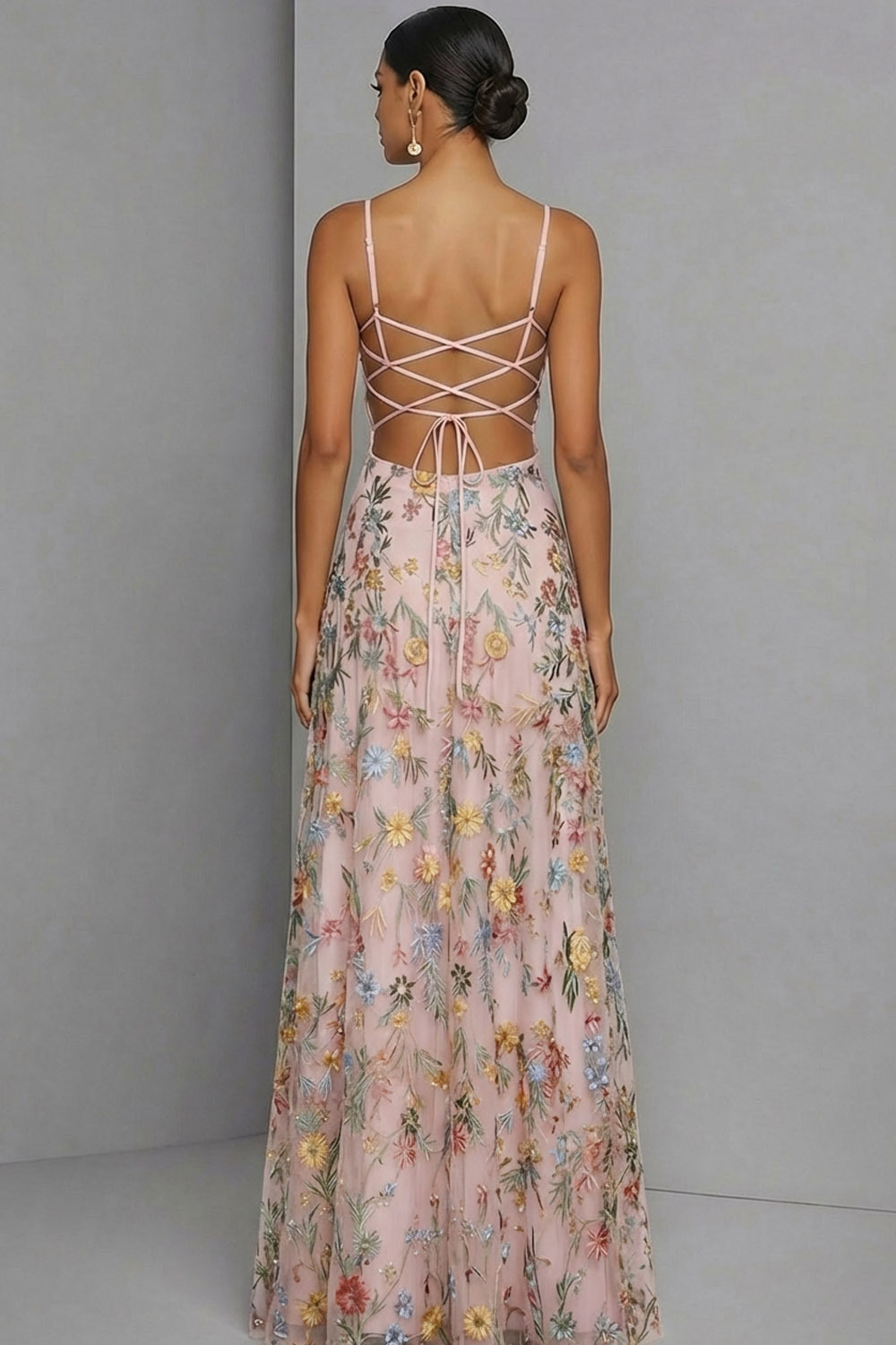 Floral Mauve Spaghetti Straps A Line Backless Maxi Prom Dress