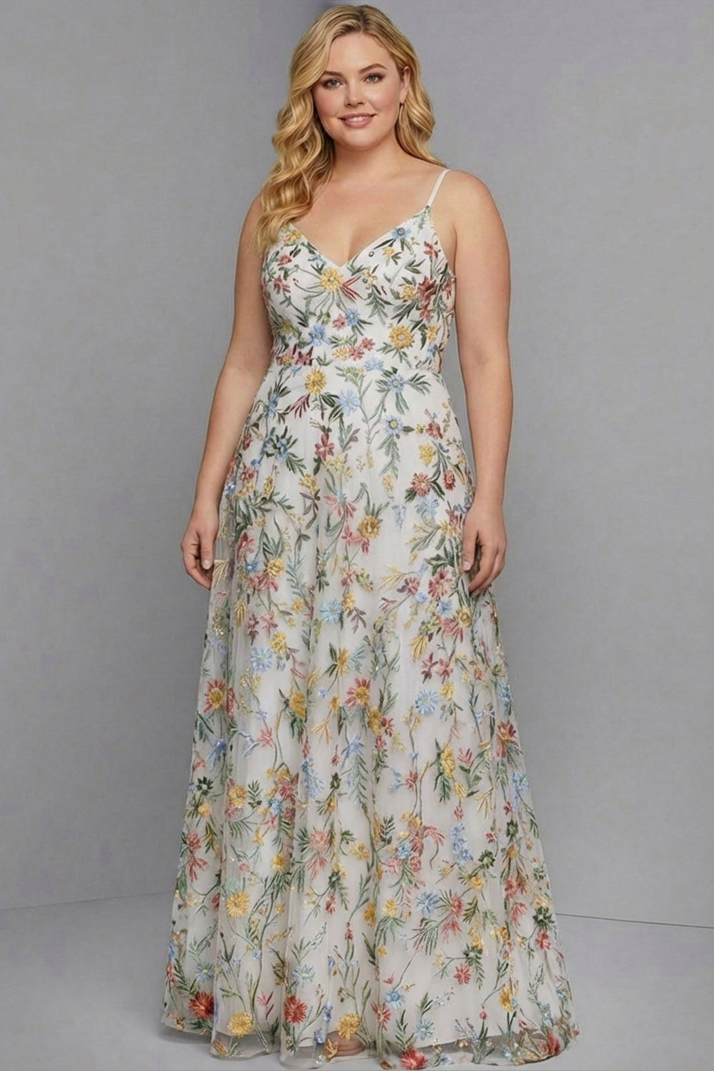 Plus Size Floral Mauve Spaghetti Straps A Line Maxi Wedding Guest Dress
