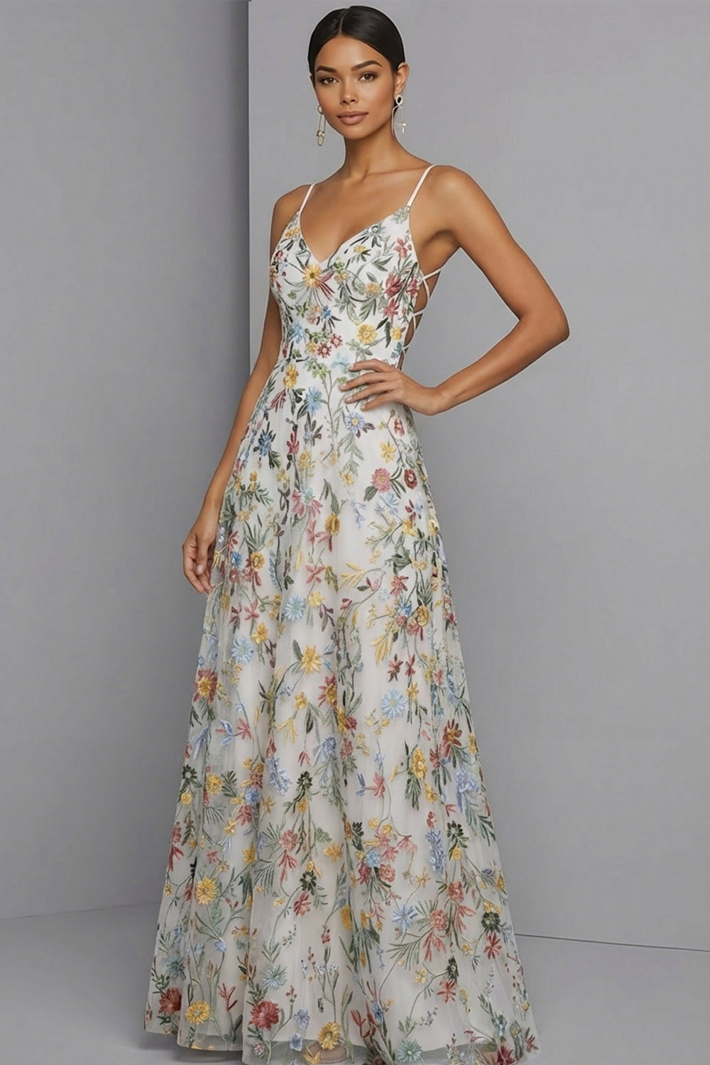 Floral Mauve Spaghetti Straps A Line Backless Maxi Prom Dress