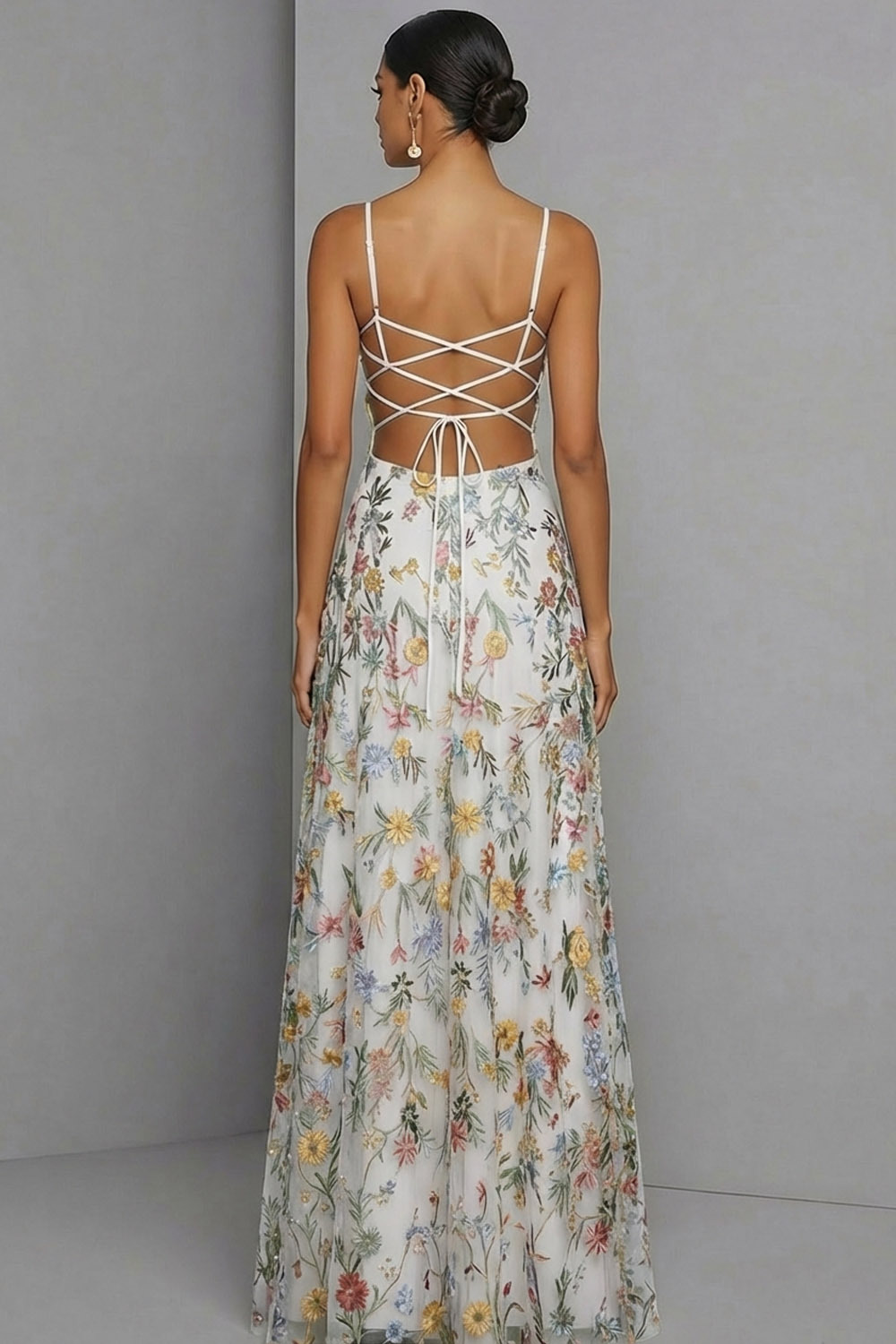 Floral Mauve Spaghetti Straps A Line Backless Maxi Prom Dress