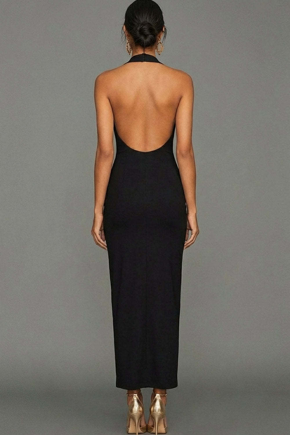Simple Black Halter Neck Sheath Backless Maxi Formal Dress
