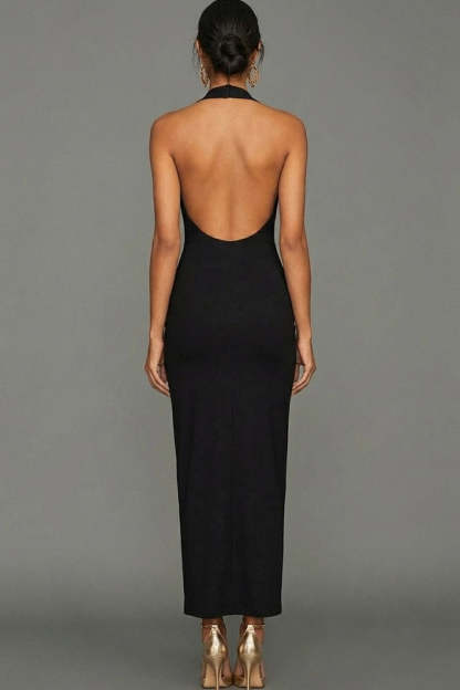 Simple Black Halter Neck Sheath Backless Maxi Formal Dress