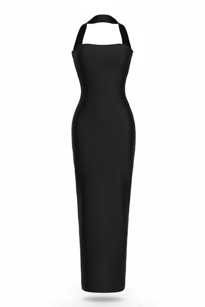 Simple Black Halter Neck Sheath Backless Maxi Formal Dress
