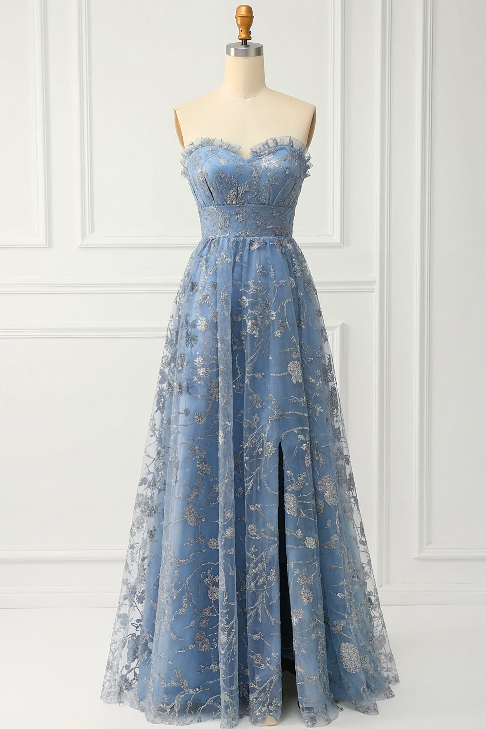 Leely Women Floral Grey Blue Maxi Prom Dress with Beading Sparkly Ball Gown Sweetheart A Line Pageant Dress with Slit