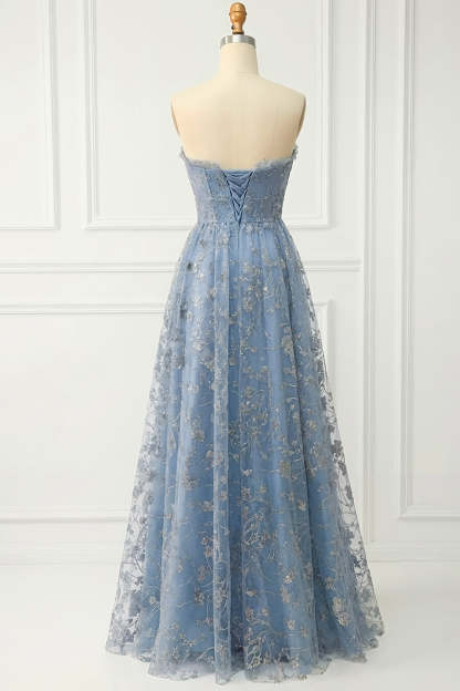 Floral Grey Blue Sweetheart A Line Long Prom Dress with Slit