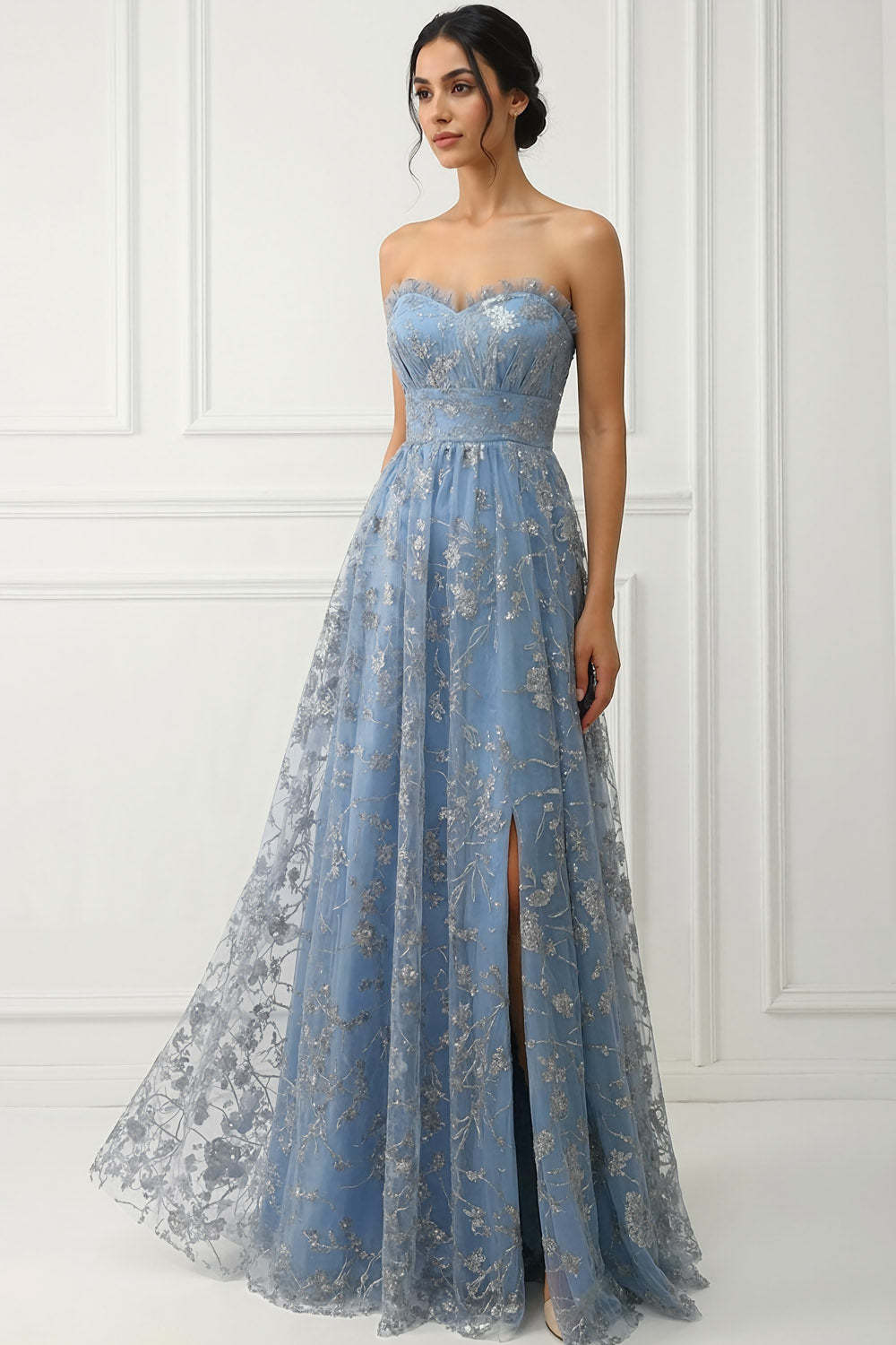 Floral Grey Blue Sweetheart A Line Long Prom Dress with Slit