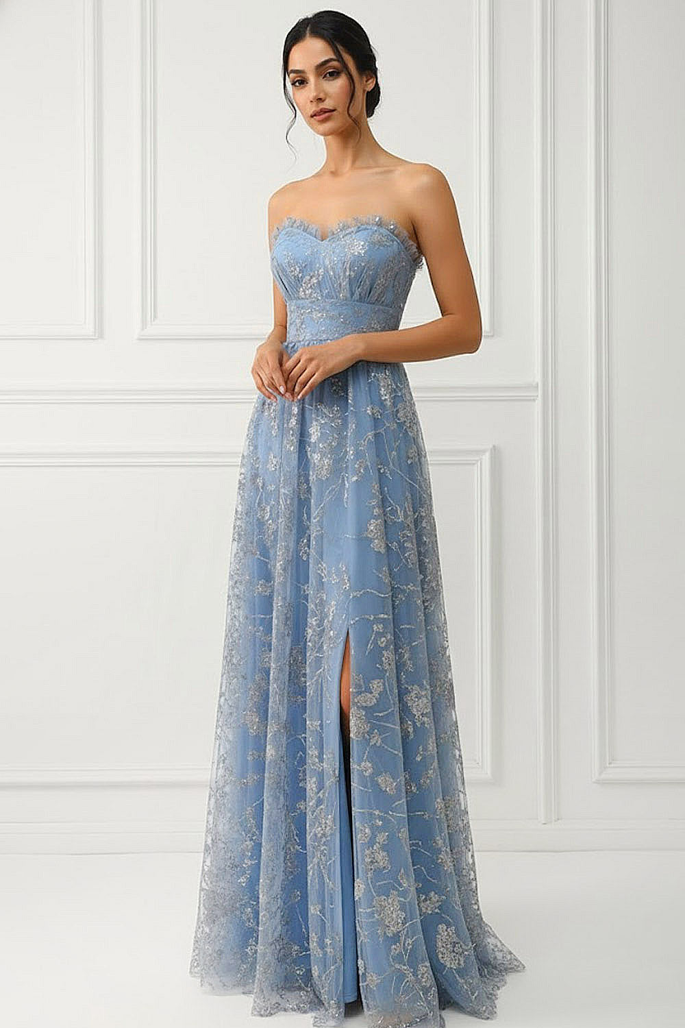 Floral Grey Blue Sweetheart A Line Long Prom Dress with Slit
