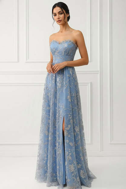 Floral Grey Blue Sweetheart A Line Long Prom Dress with Slit