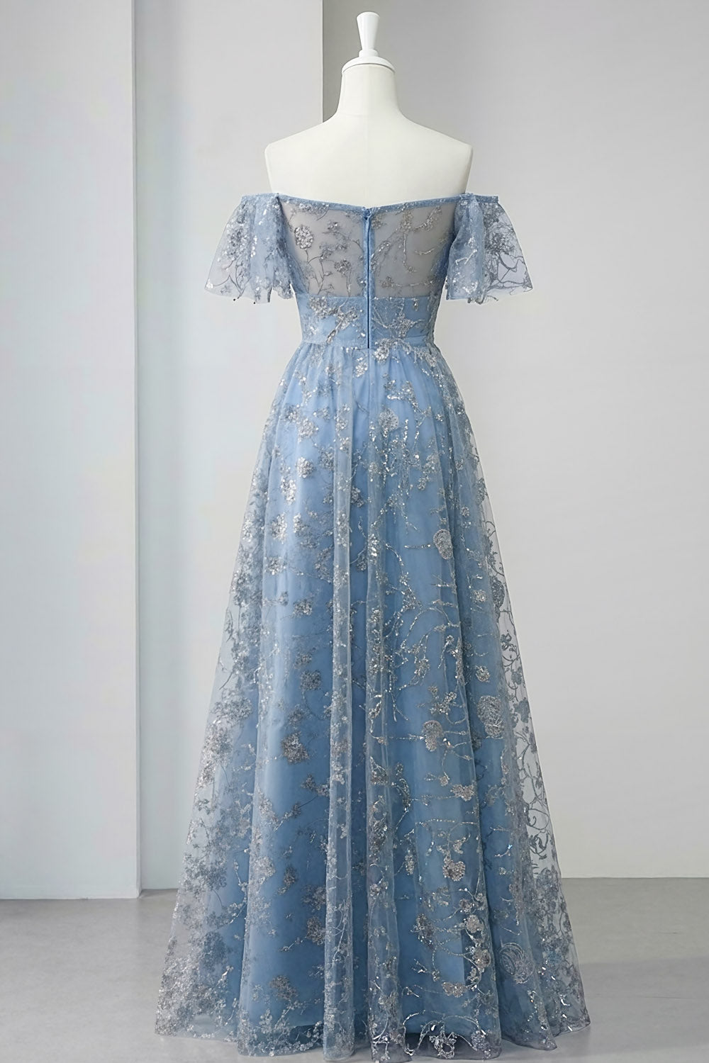Floral Grey Blue Off the Shoulder A Line Long Prom Dress with Slit