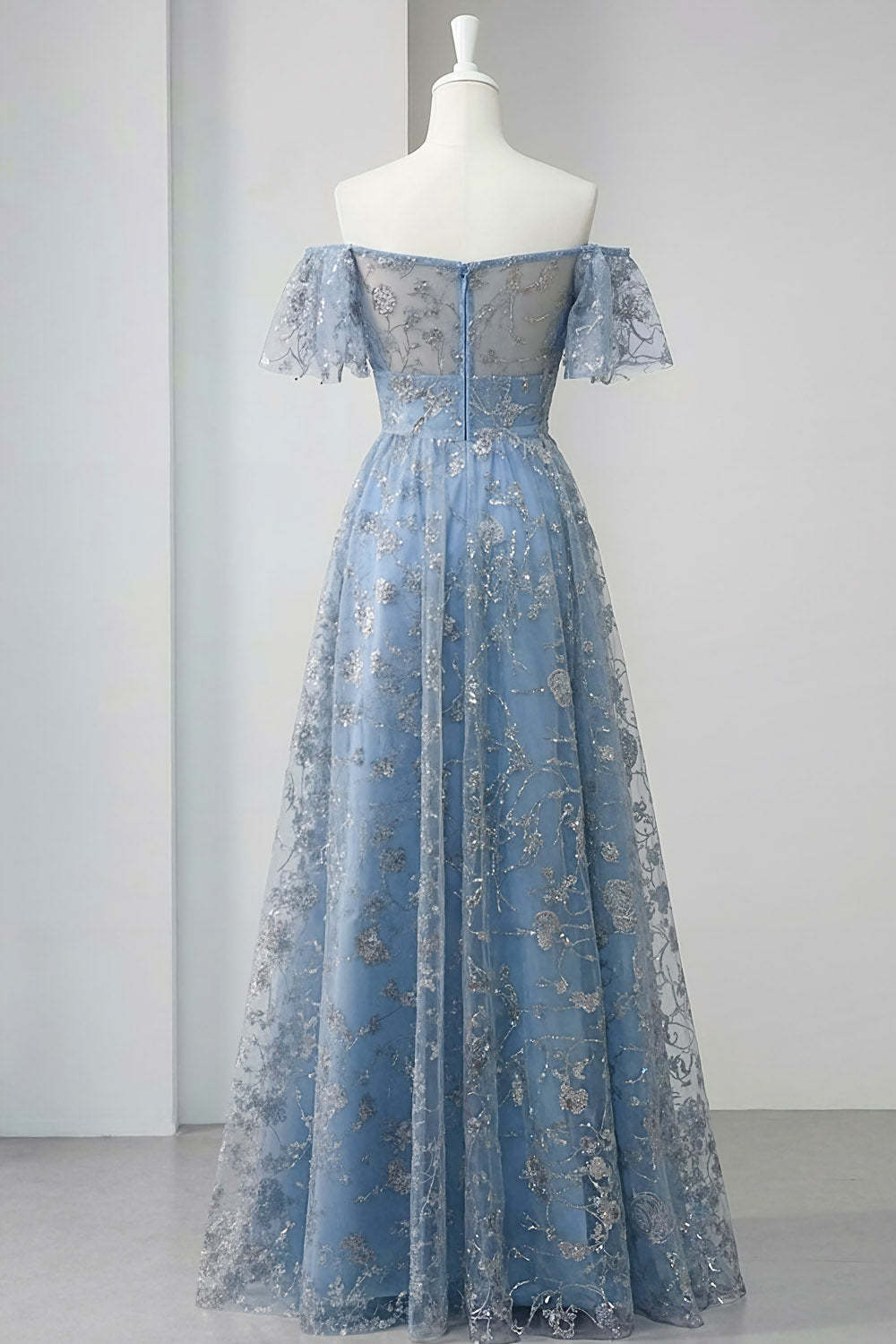 Floral Grey Blue Off the Shoulder A Line Long Prom Dress with Slit