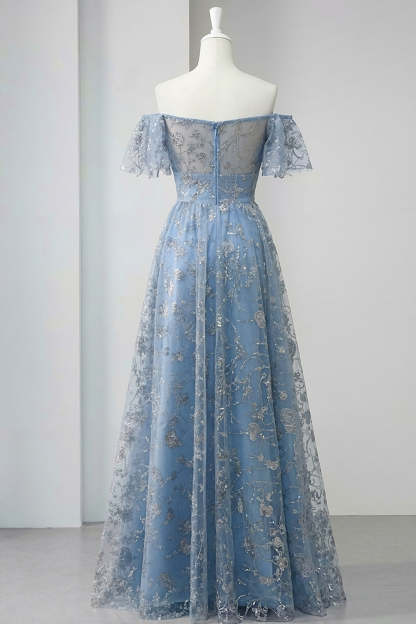 Floral Grey Blue Off the Shoulder A Line Long Prom Dress with Slit