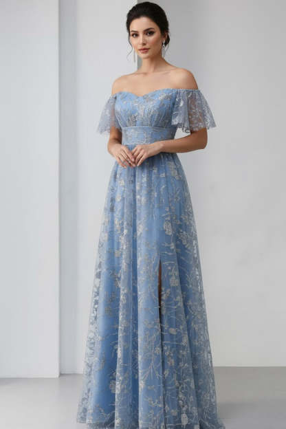 Floral Grey Blue Off the Shoulder A Line Long Prom Dress with Slit