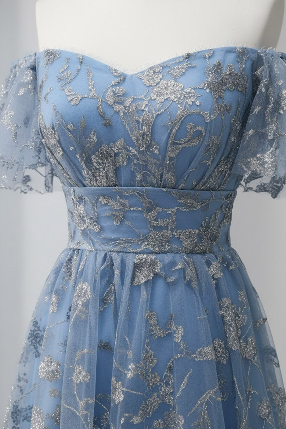 Floral Grey Blue Off the Shoulder A Line Long Prom Dress with Slit