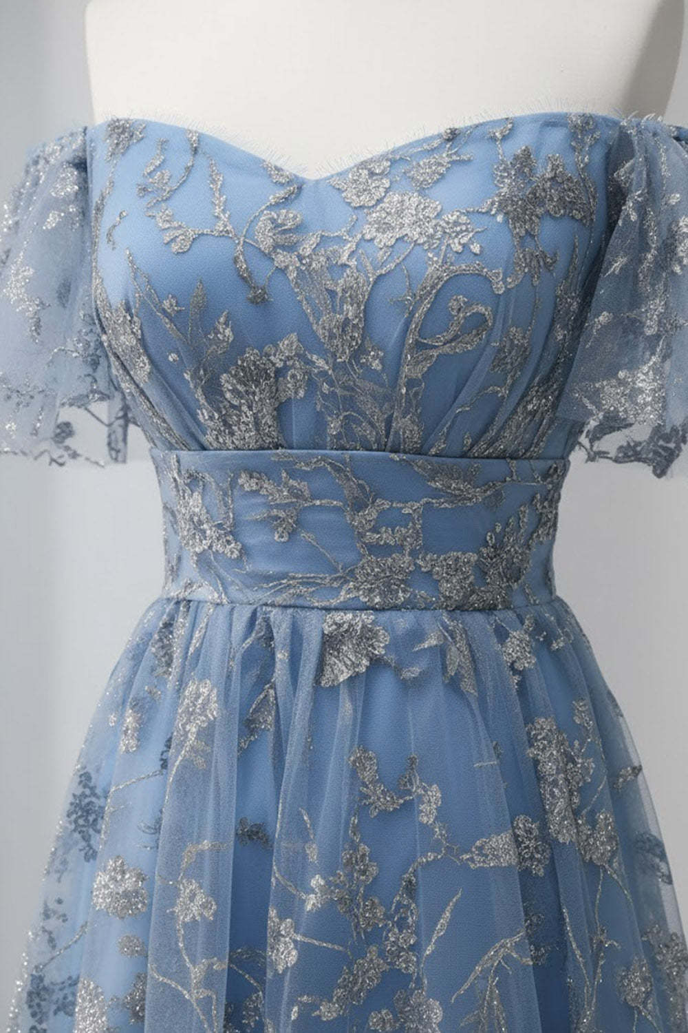 Floral Grey Blue Off the Shoulder A Line Long Prom Dress with Slit