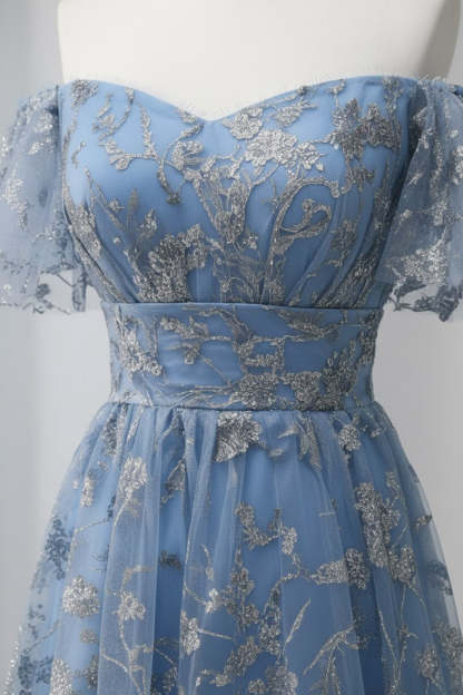 Floral Grey Blue Off the Shoulder A Line Long Prom Dress with Slit