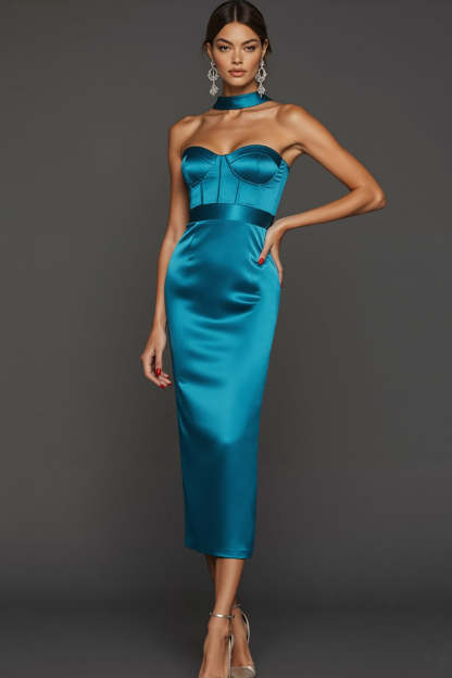 Leely Women Tiffany Blue Midi Corset Bridesmaid Dress Satin Sweetheart Bodycon Wedding Guest Dress