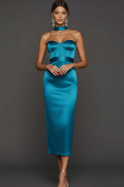 Tiffany Blue Satin Sweetheart Bodycon Midi Corset Bridesmaid Dress