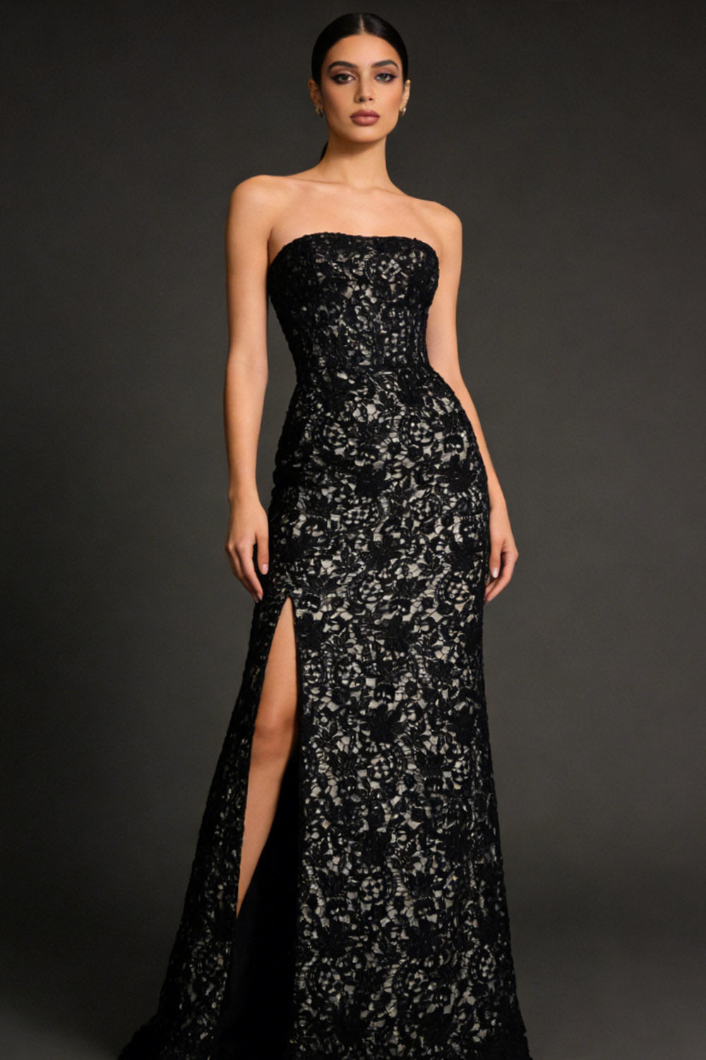 Black Lace Strapless Maxi Formal Dress with Slit