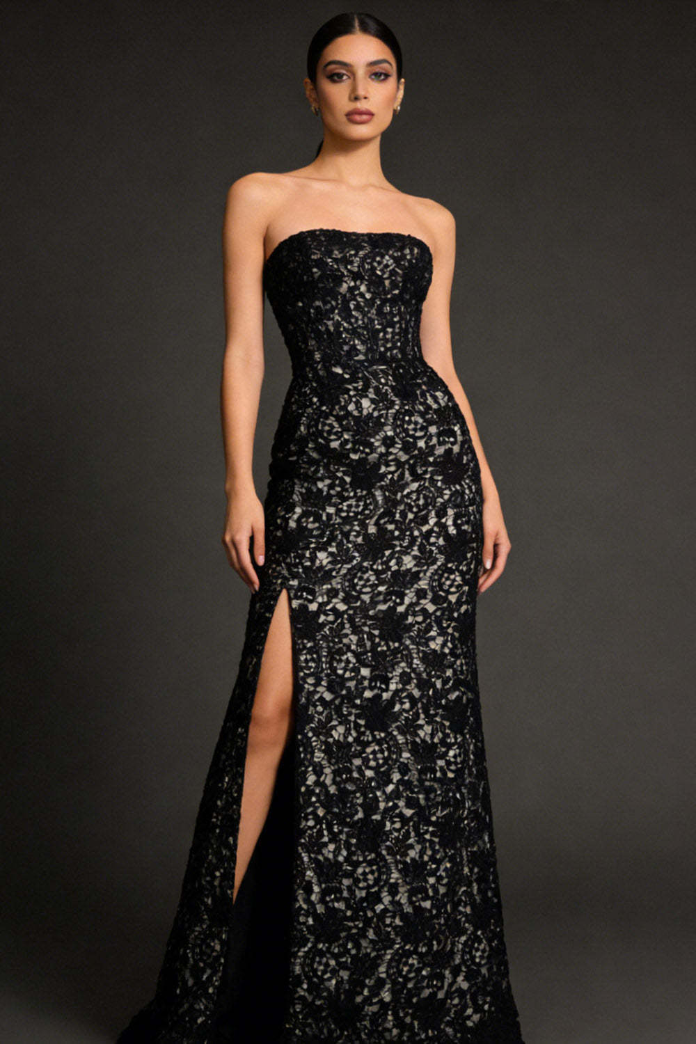 Leely Women Lace Maxi Formal Dress with Slit Strapless Mermaid Black Tie Dress