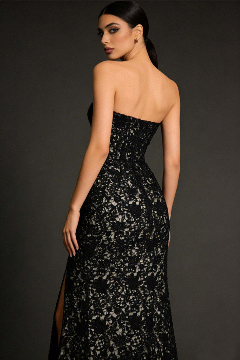 Black Lace Strapless Maxi Formal Dress with Slit