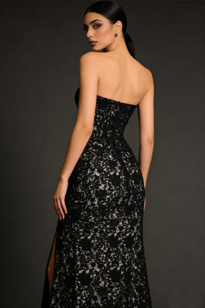 Black Lace Strapless Maxi Formal Dress with Slit