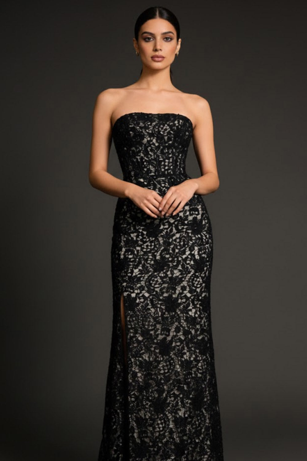 Black Lace Strapless Maxi Formal Dress with Slit