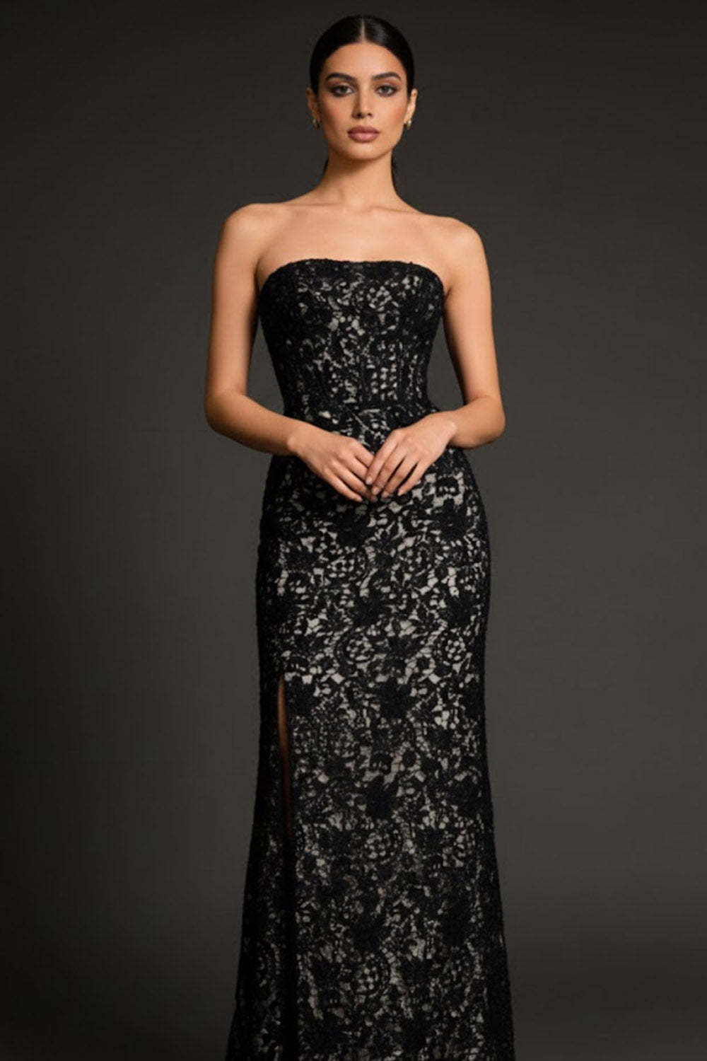 Black Lace Strapless Maxi Formal Dress with Slit