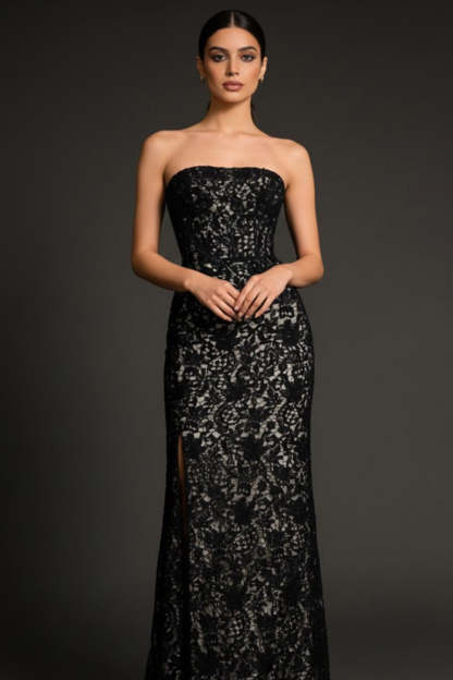 Black Lace Strapless Maxi Formal Dress with Slit