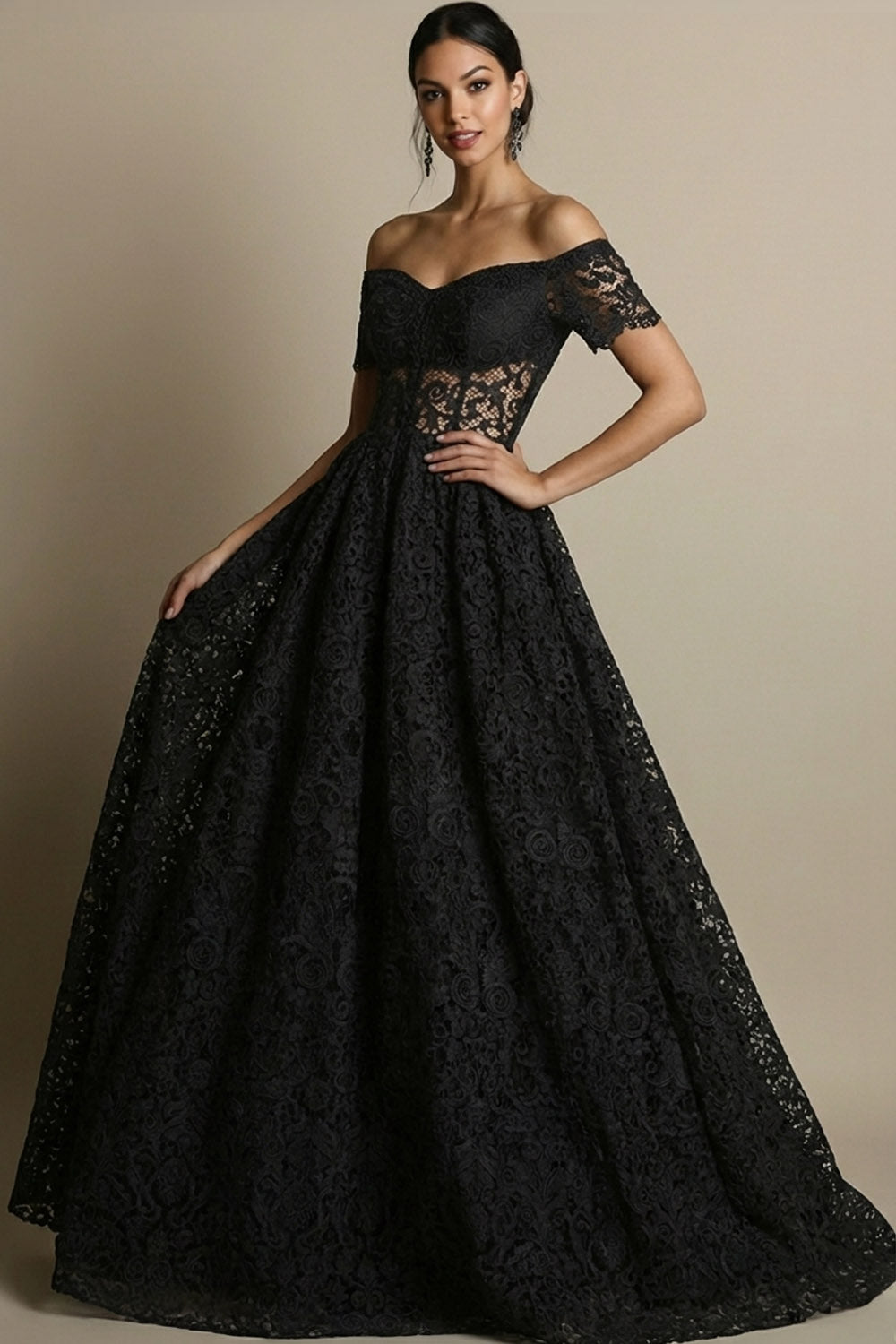 Black Lace Off the Shoulder Ball Gown Maxi Corset Prom Dress