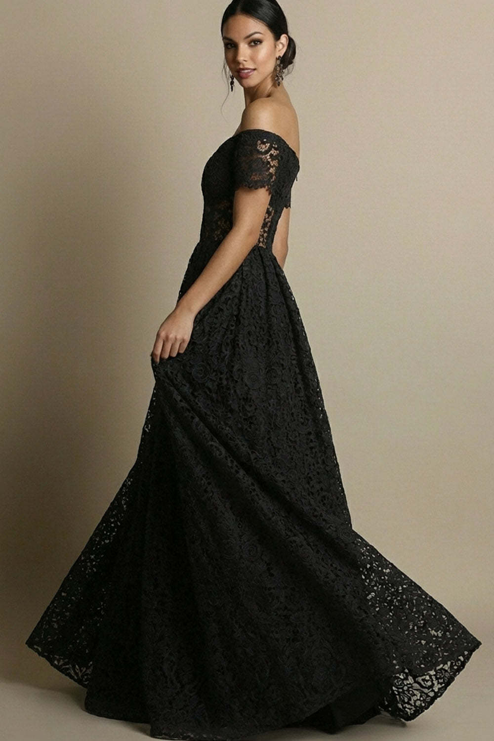 Black Lace Off the Shoulder Ball Gown Maxi Corset Prom Dress