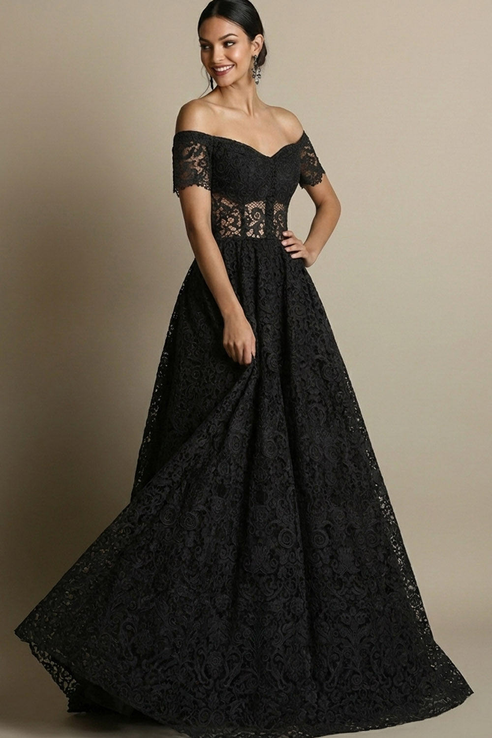 Black Lace Off the Shoulder Ball Gown Maxi Corset Prom Dress