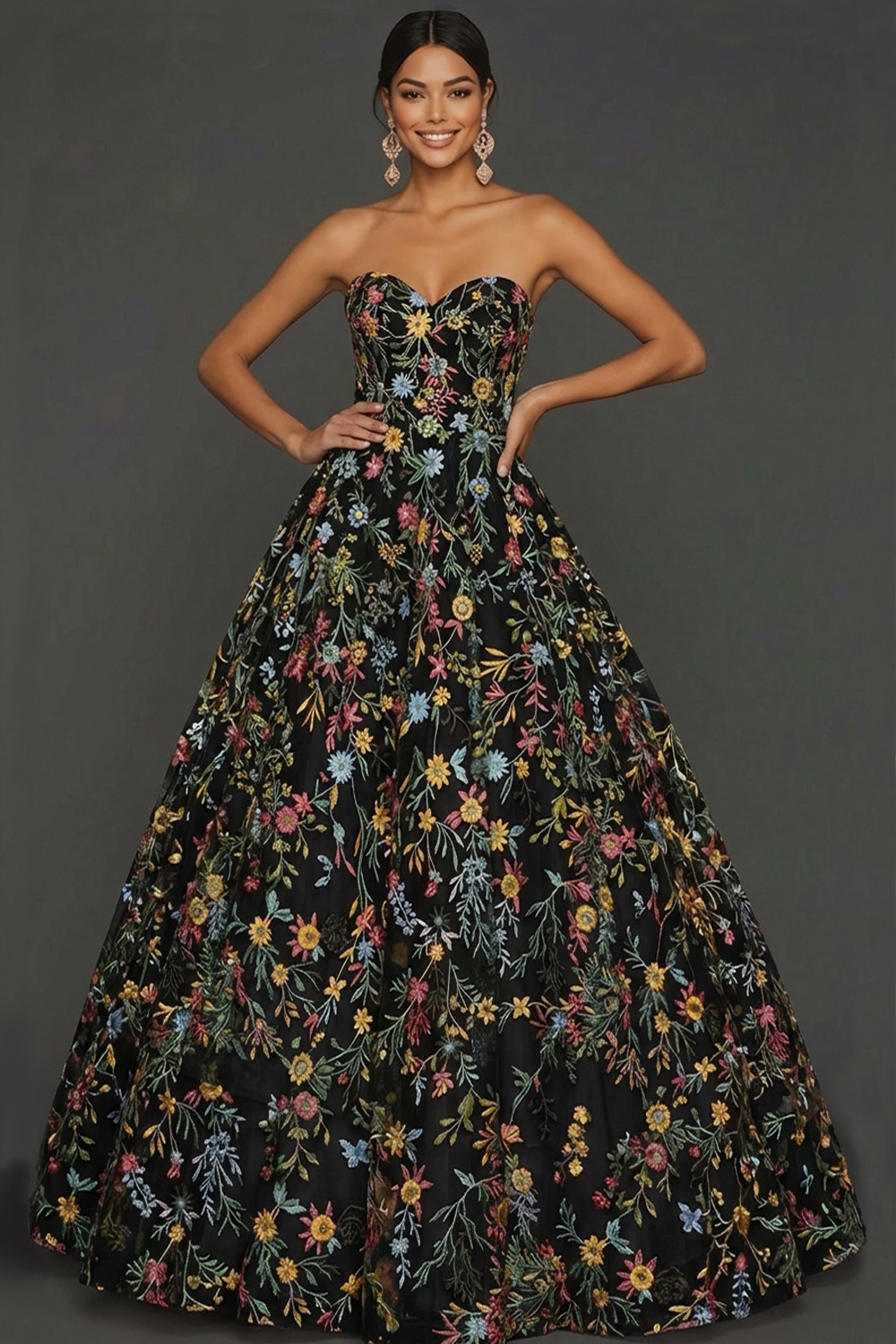 Floral Mauve Sweetheart Ball Gown Maxi Prom Dress