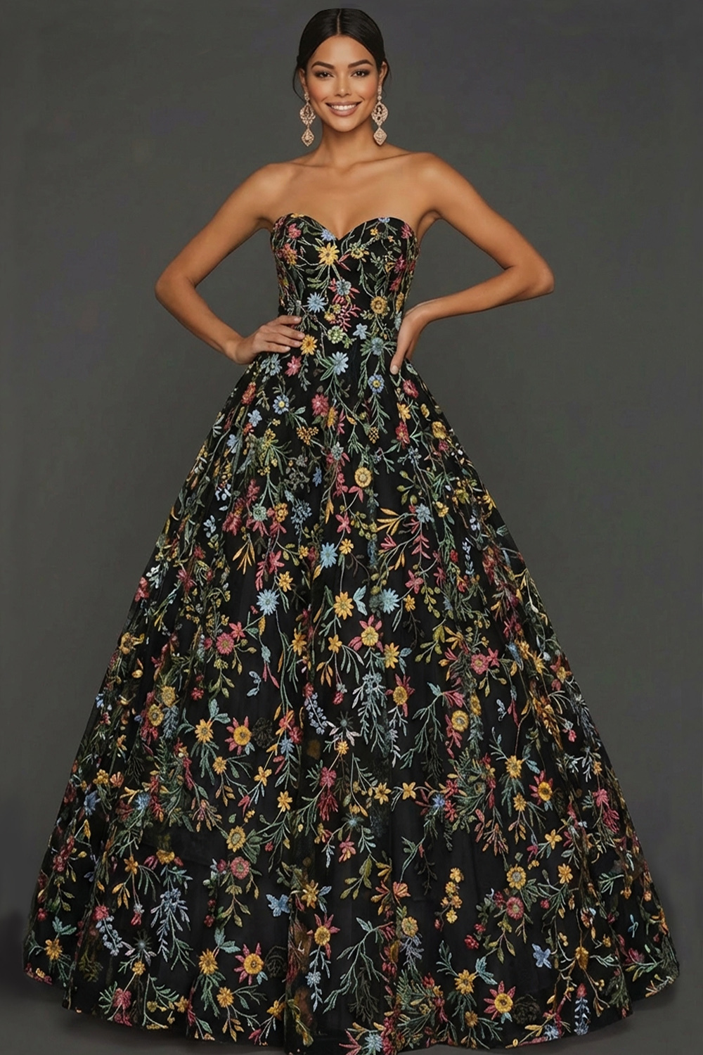 Floral Mauve Sweetheart Ball Gown Maxi Prom Dress