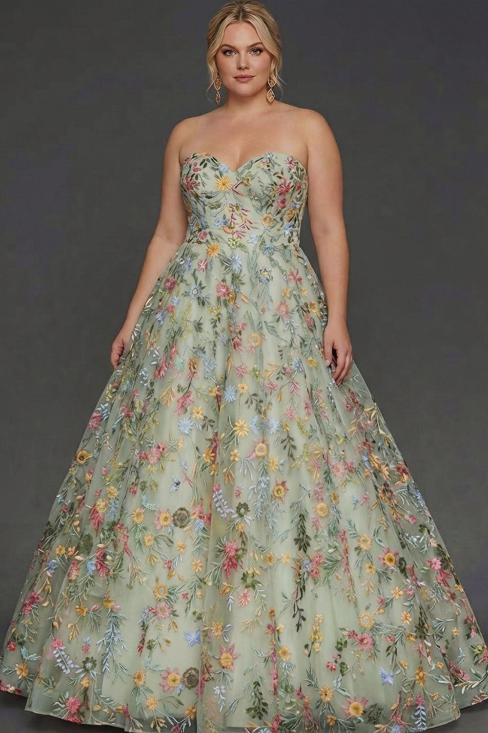 Plus Size Floral Mauve Sweetheart Ball Gown Maxi Prom Dress with Embroidery