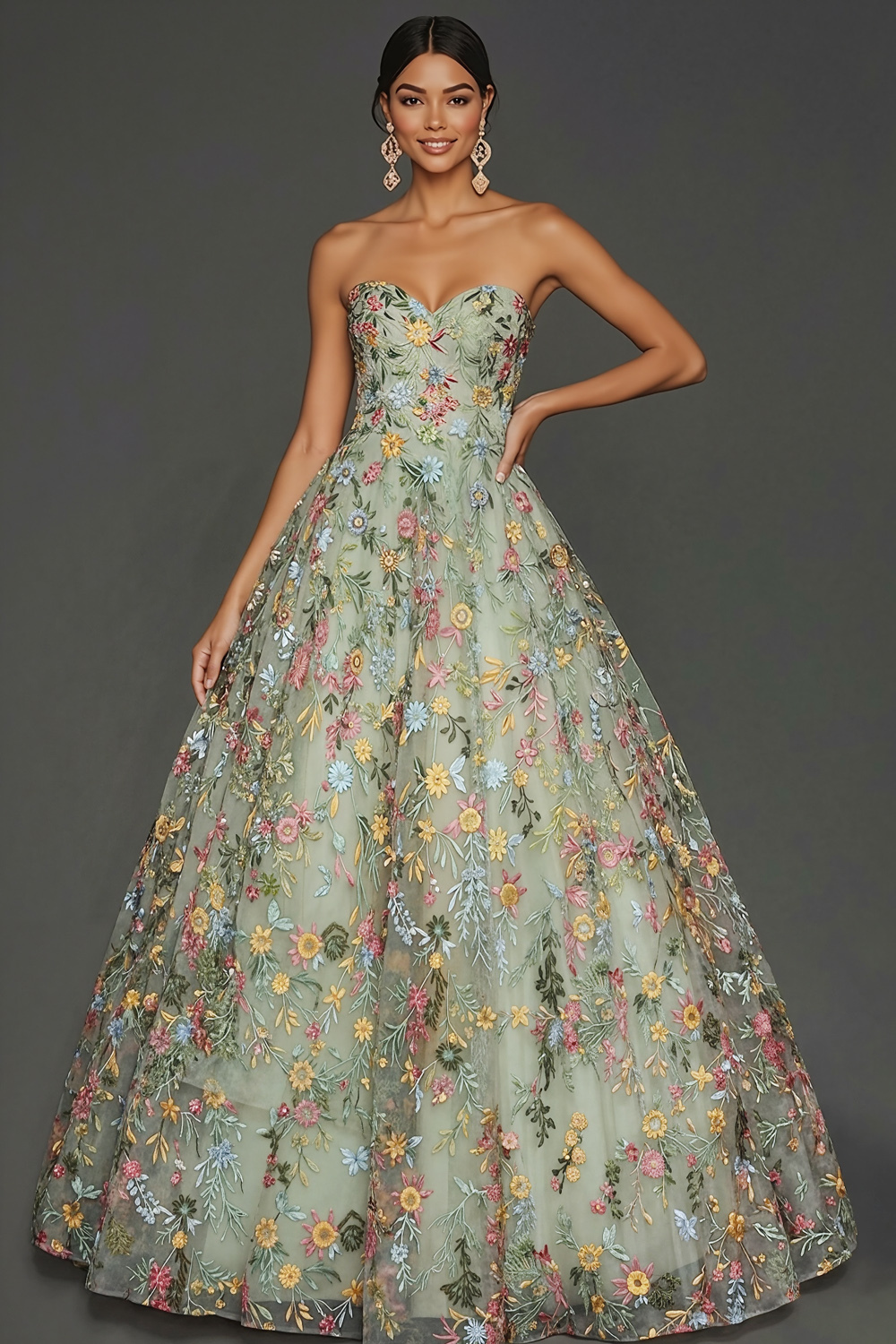 Floral Mauve Sweetheart Ball Gown Maxi Prom Dress