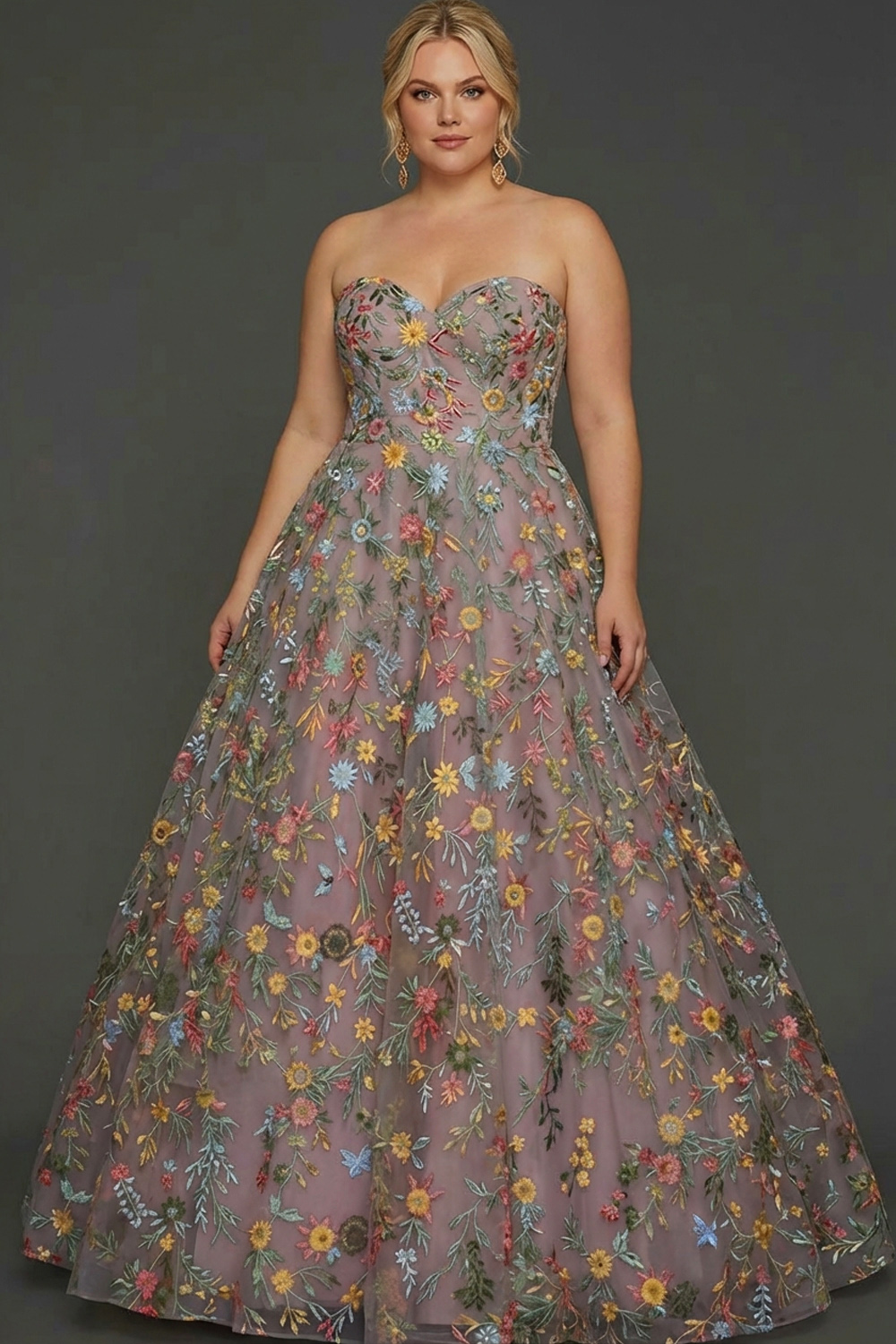 Floral Mauve Sweetheart Ball Gown Maxi Prom Dress