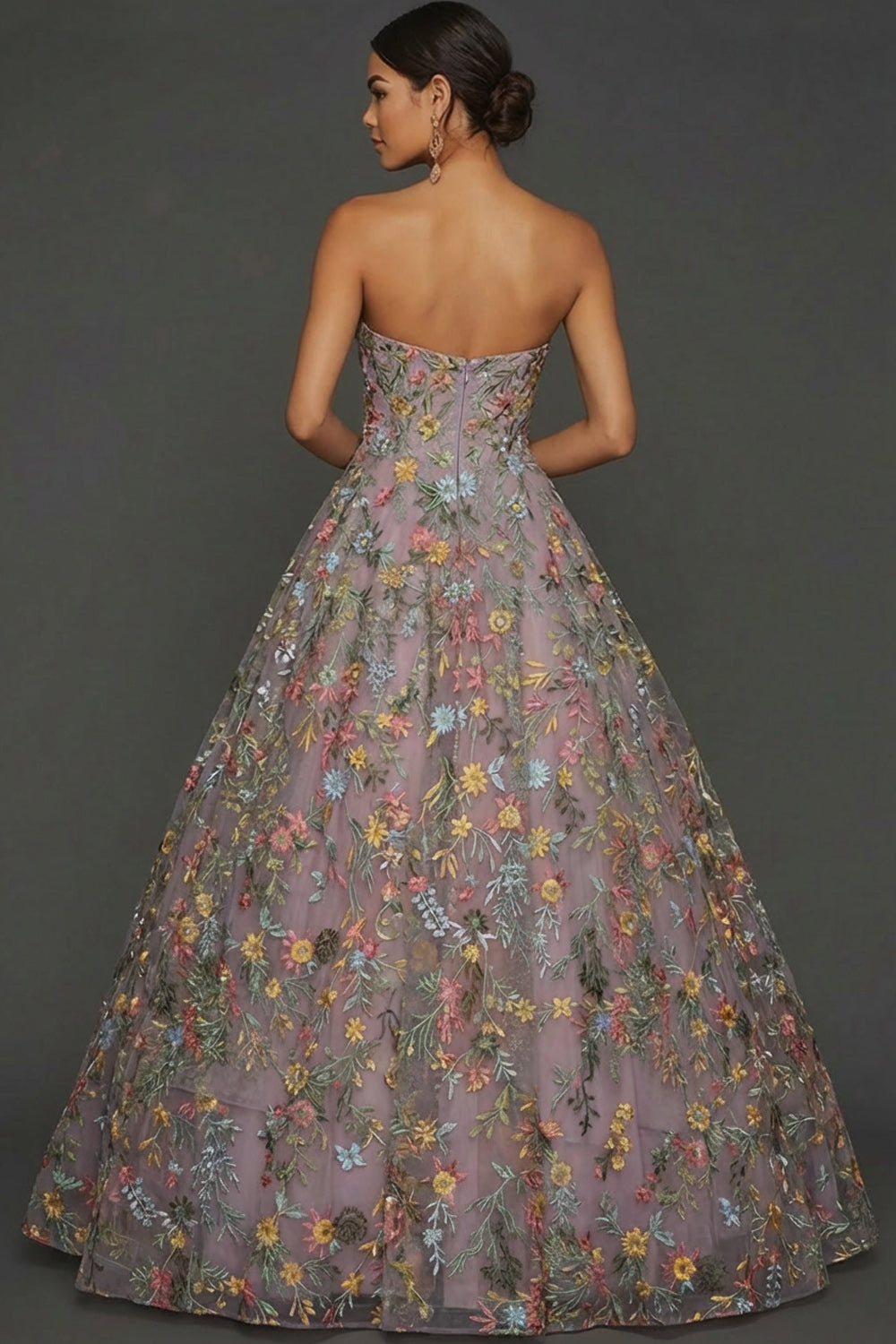 Floral Mauve Sweetheart Ball Gown Maxi Prom Dress