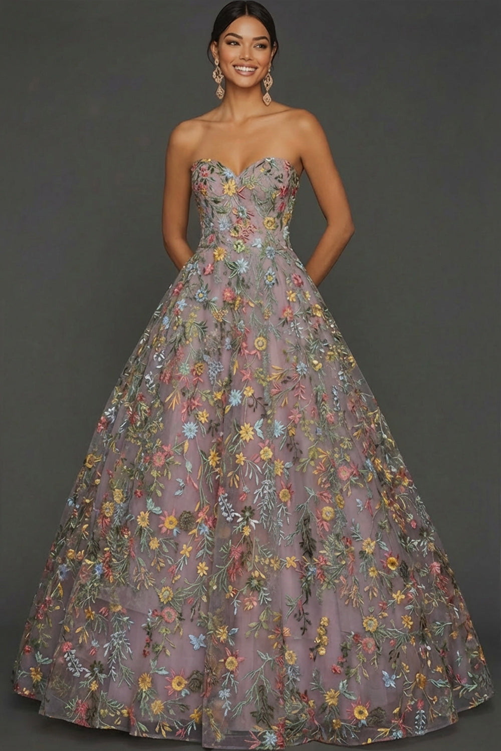 Floral Mauve Sweetheart Ball Gown Maxi Prom Dress