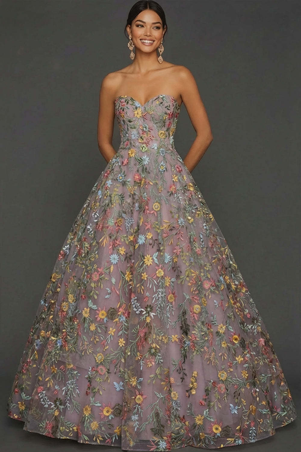 Floral Mauve Sweetheart Ball Gown Maxi Prom Dress