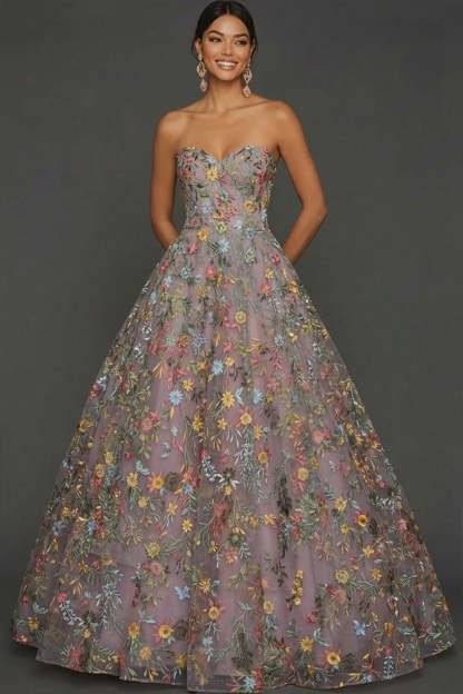 Floral Mauve Sweetheart Ball Gown Maxi Prom Dress
